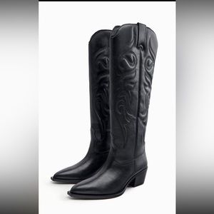 Zara NWT black leather cowboy western boots